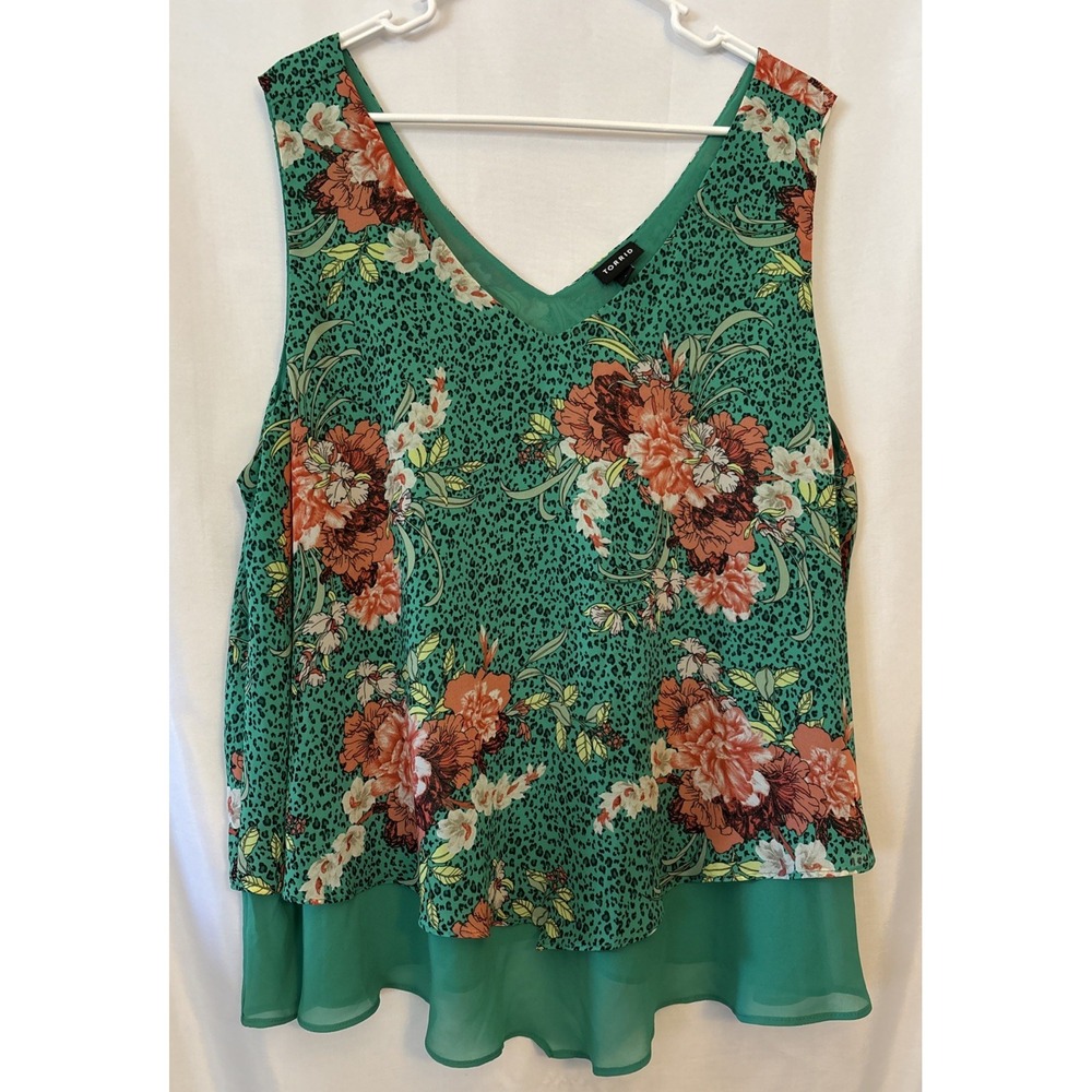 TORRID GREEN FLORAL CHIFFON DOUBLE LAYER TANK TOP  Sz2
